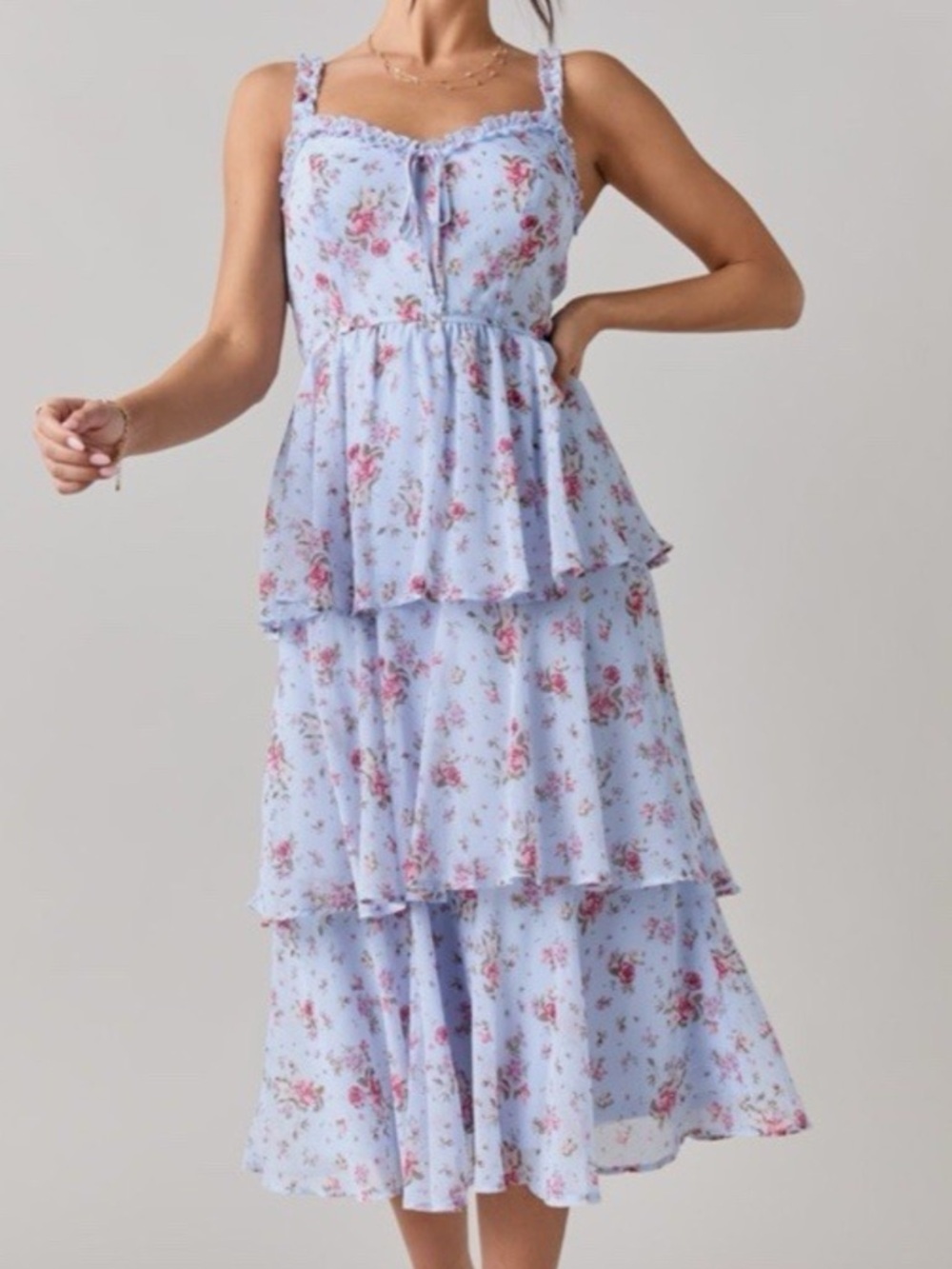 Light Blue Floral Tiered Maxi Dress
